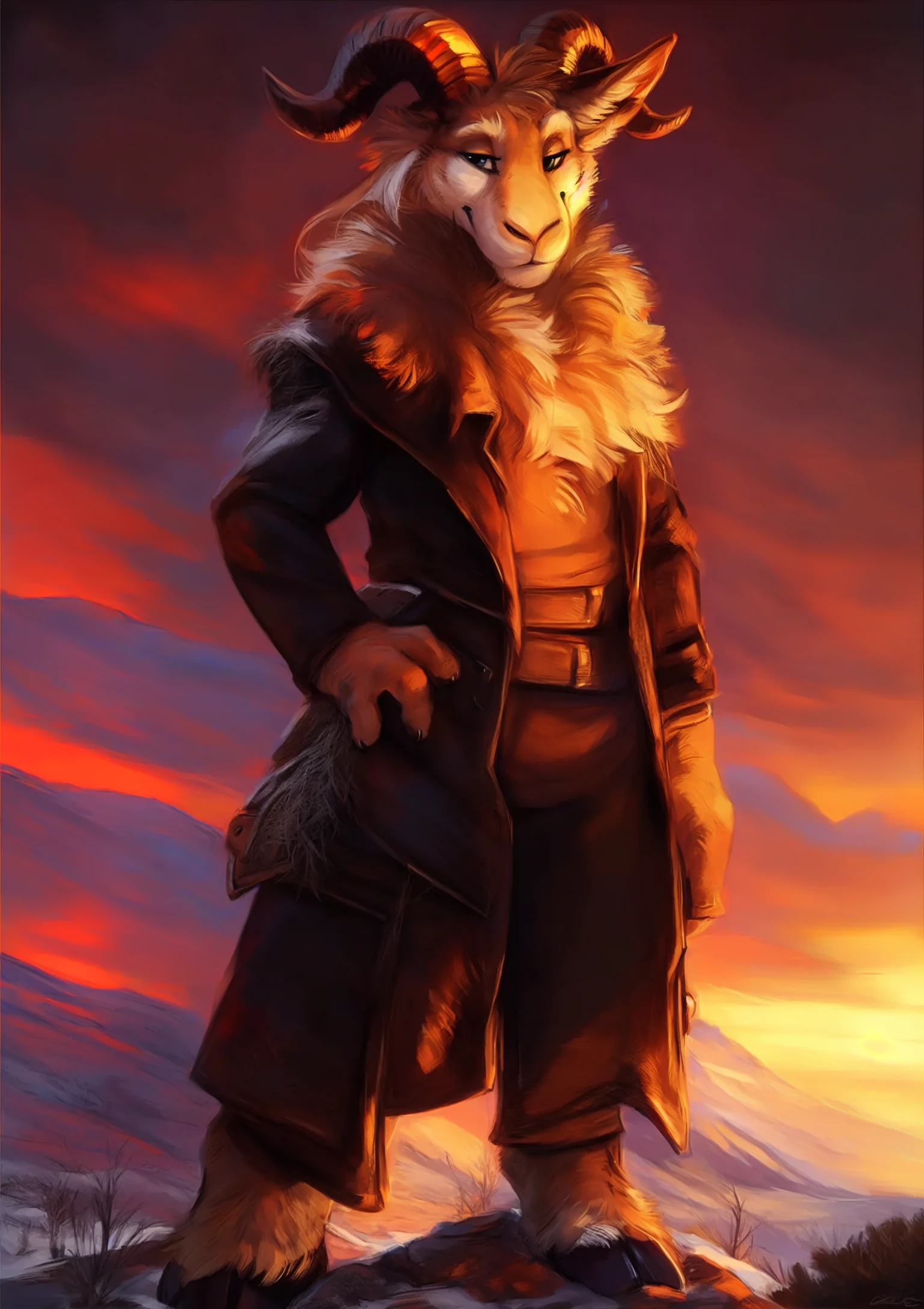 male, solo, anthro, mammal, goat, caprine, (caprine horn), 2 horns, horizontal pupils,  cloven hooves,
fully clothed, bottomwear, topwear, pants, jacket, (adventurer), hand on hip,
fur, fluffy, tuft, chest tuft, long hair, neck tuft, inner ear fluff, digitigrade,
standing, front view, looking at viewer,
(detailed background), outside, rock, sunbeam, snowy peaks, sunrise, (village:1.3),
by kenket, by darkgem, by miosha,
fully clothed, bottomwear, topwear, pants, jacket, (adventurer), hand on hip,
fur, fluffy, tuft, chest tuft, long hair, neck tuft, inner ear fluff, digitigrade,
standing, front view, looking at viewer,
(detailed background), outside, rock, sunbeam, snowy peaks, sunrise, (village:1.3),
by kenket, by darkgem, by miosha,