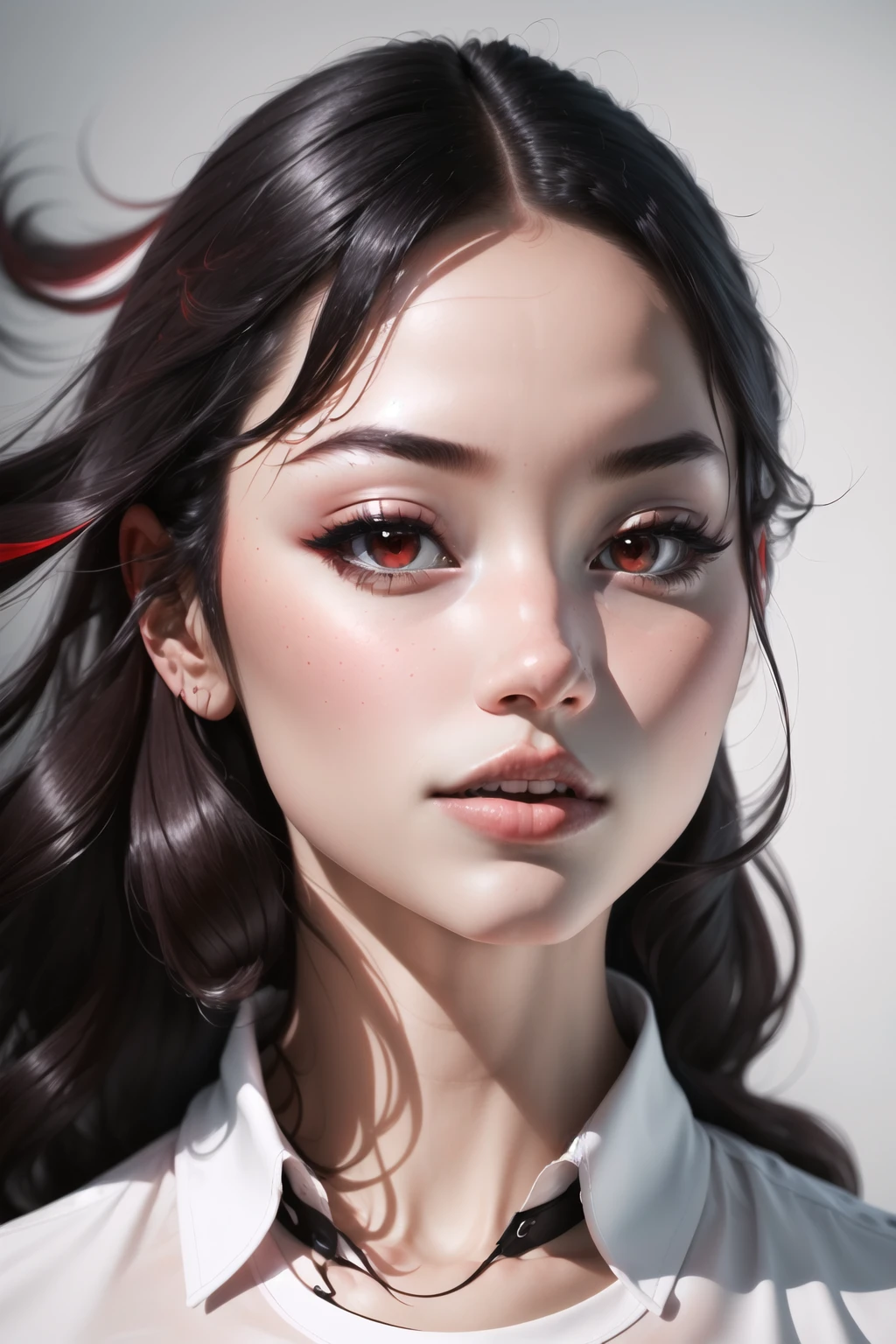 Highly detailed, High Quality, Masterpiece, beautiful, FIFrontLittleRight, <lora:Headviews:0.7>, 1girl, solo, red eyes, black hair, long hair, shirt, white shirt