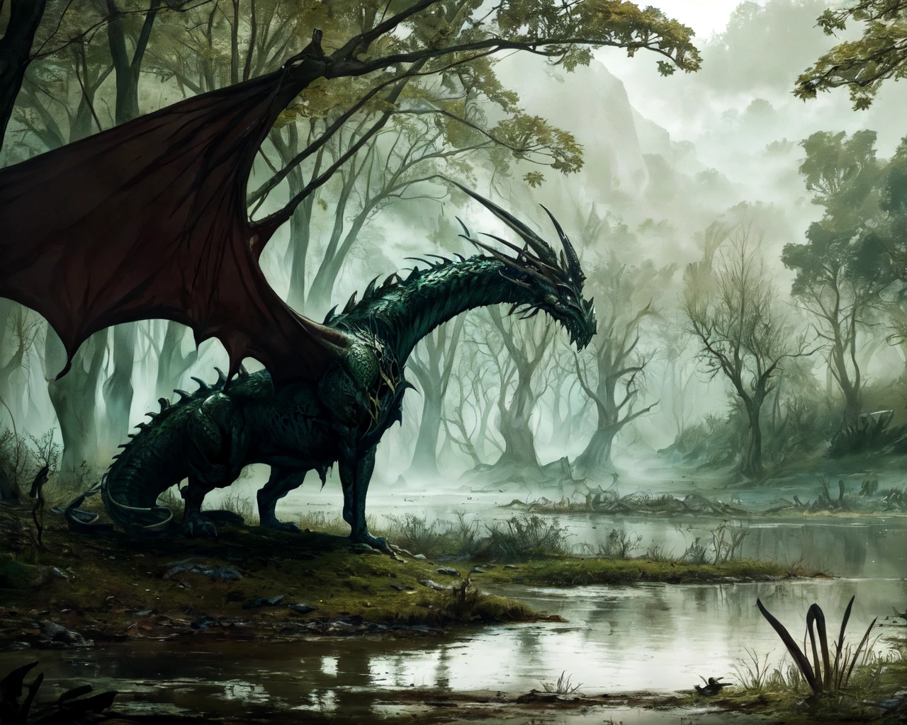 <lora:undead dragon:0.6> undead dragon, at a swamp,
(masterpiece), best quality, highres, 4k, 8k, Detailed Illustration, intricate detail, cinematic lighting, amazing quality, amazing shading, soft lighting
