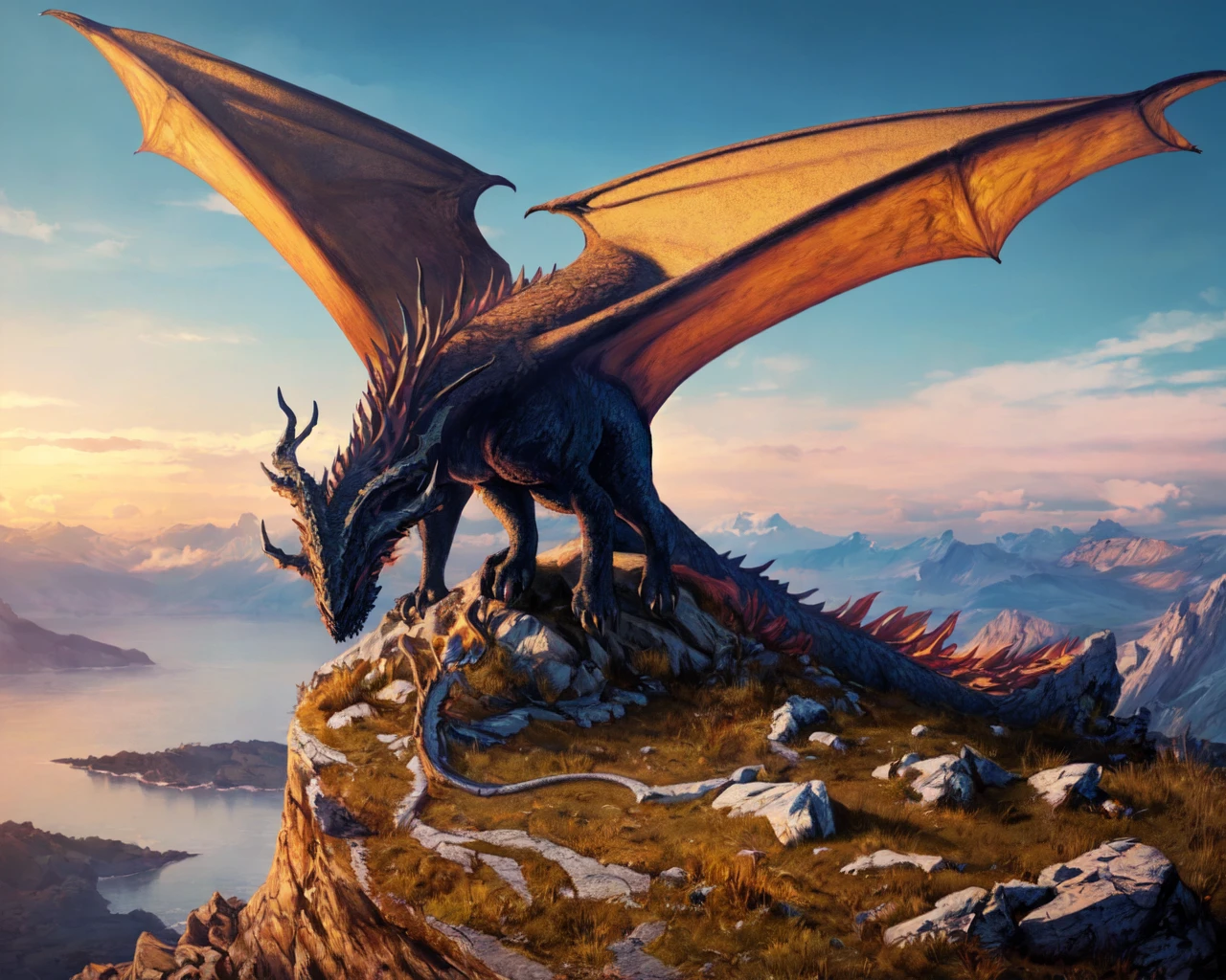 <lora:exotic dragon:0.7> dragon on top of a cliff,
(masterpiece),  best quality, highres, 4k, 8k, Detailed Illustration, intricate detail, cinematic lighting, amazing quality, amazing shading, soft lighting