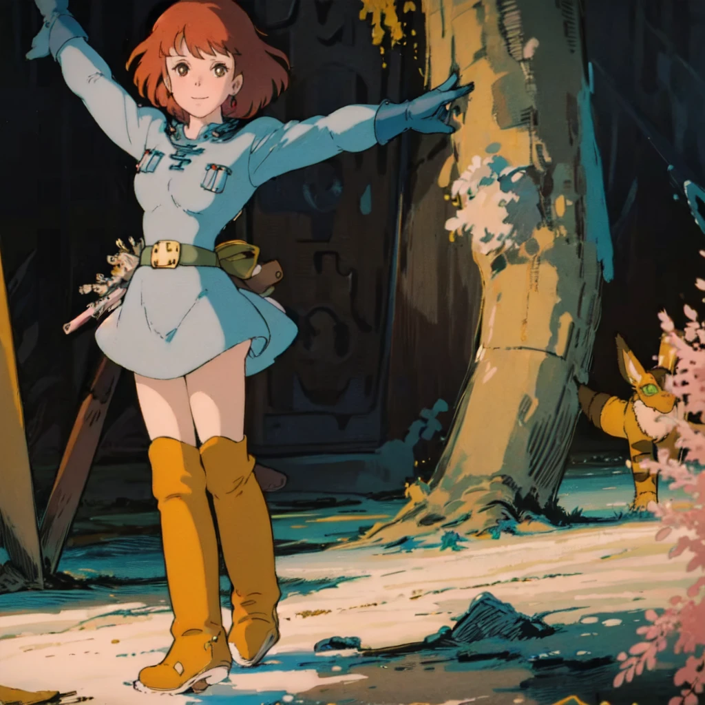 masterpiece, high quality, 1girl, (masterpiece:1.4), (best qualit:1.4), (high resolution:1.4), 1girl, standing with arms raised, redhead, brown eyes, smile, Nausicaa, yellow little creature on the shoulder, no panties, high blue boot, colorful, full body, <lora:Nausicaa-000007:1>