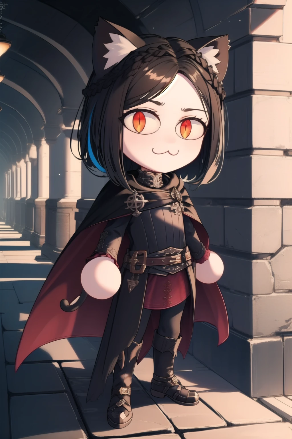 masterpiece, best quality, (colorful), (delicate eyes and face), volumetric light, ray tracing, extremely detailed CG unity 8k wallpaper, <lora:Serana_5_10:0.7> serana, 1girl, red eyes, cape, long sleeves, neco-arc, :3, cat ears, chibi, cat girl, cat tail, solo, slit pupils, <lora:Neco-Arc:0.8>