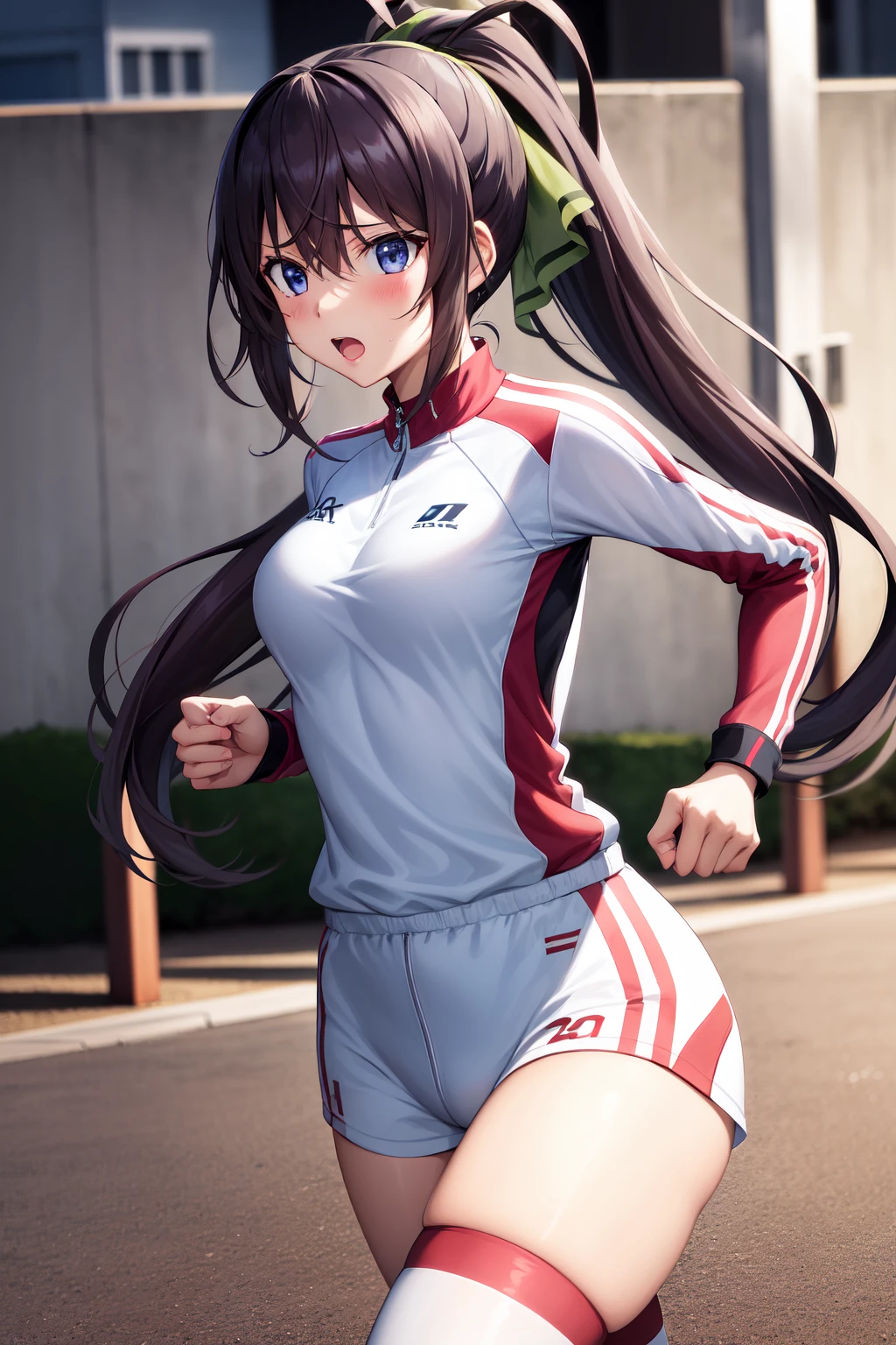 shinonono houki, <lora:ShinononoHoukiV13:1>, 1girl, solo, sportswear, running, split ponytail,, , highres, absurdres,