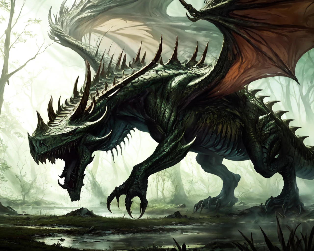 <lora:undead dragon:0.6> undead dragon, at a swamp,
(masterpiece), best quality, highres, 4k, 8k, Detailed Illustration, intricate detail, cinematic lighting, amazing quality, amazing shading, soft lighting