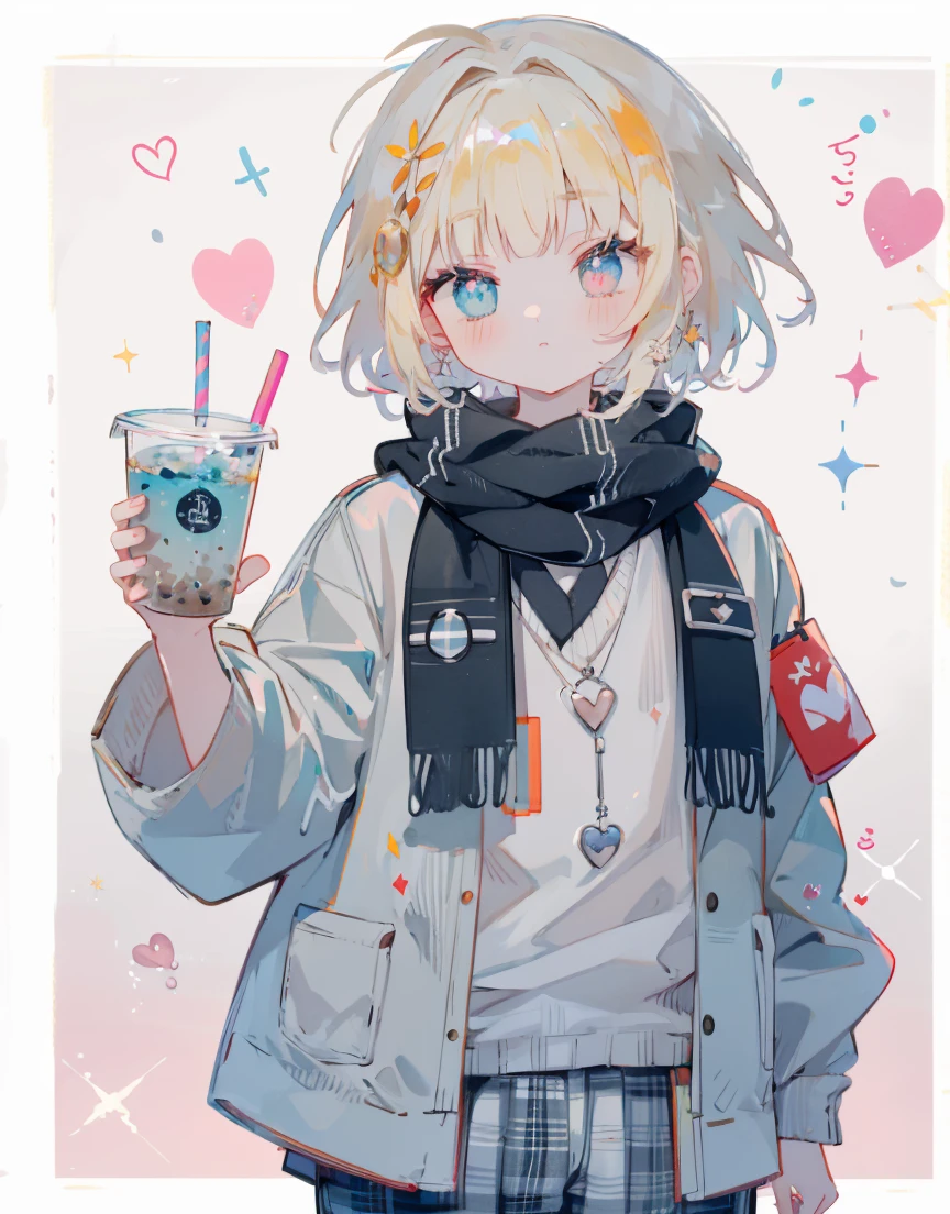 azhiichigo style,big eyes, thick lines, cute,,1boy, argyle, bangs, blonde hair, blue eyes, blunt bangs, border, bubble tea, checkered, checkered background, checkered kimono, checkered legwear, checkered scarf, checkered shirt, checkered skirt, cup, diffraction spikes, eyebrows visible through hair, gradient, gradient background, heart, heterochromia, holding, jacket, long sleeves, male focus, outside border, pink background, plaid, plaid background, plaid bikini, plaid dress, plaid jacket, plaid pants, plaid scarf, plaid shirt, scarf, short hair, signature, solo, sparkle, sparkle background, unmoving pattern, upper body, white border, looking at viewer, simple background, shirt, closed mouth, flower, hand up, black shirt, holding cup, drinking straw, grey jacket,
Negative prompt: (glasses:1.3),(worst quality, low quality:2), (extra arms:1.2), lowres, bad anatomy, (inaccurate limb:1.2), bad hands, error, missing fingers, inaccurate eyes, extra digit, fewer digits, cropped, normal quality, grossproportions, deformed, extra fingers, fewer fingers, censored, bad composition, blurry eyes.