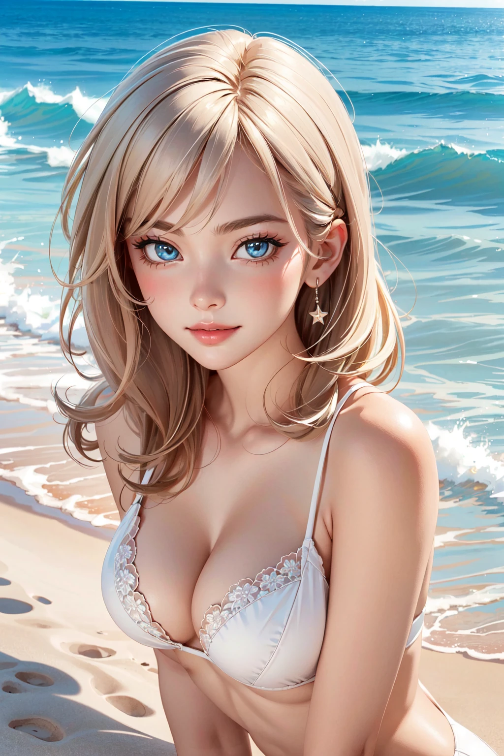 (masterpiece, best quality:1.4), (beautiful, aesthetic, perfect, delicate, intricate:1.2),(realistic:1.3), cinematic shot, cinematic lighting, (depth of field), (1girl, solo), (pov, focus face, from above, upper body), (perfect face, beautiful eyes), cute, adorable, beach, sunset, from below, face focus, 1girl, white hair, white bikini, cleavage, kneelig, blush, happy, looking at viewer,
