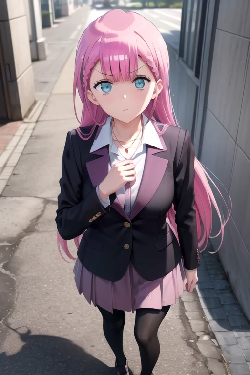 (extremely detailed CG unity 8k wallpaper), (masterpiece), (best quality), (ultra-detailed), (best illustration), (best shadow), (absurdres), 1girl, solo, <lora:mafuyu_v2:0.8>, kirisu mafuyu, long sleeves, (suit, formal:1.2), white shirt, necklace, pink skirt, leggings, looking at viewer, annoyed, closed mouth