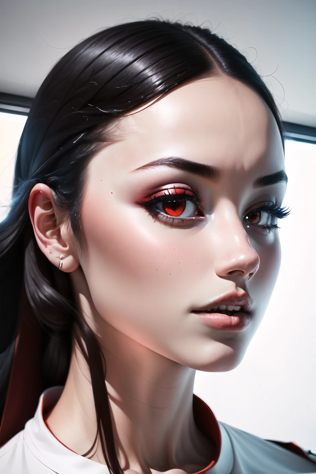 Highly detailed, High Quality, Masterpiece, beautiful, FIFrontSideRight, <lora:Headviews:0.7>, 1girl, solo, red eyes, black hair, long hair, shirt, white shirt