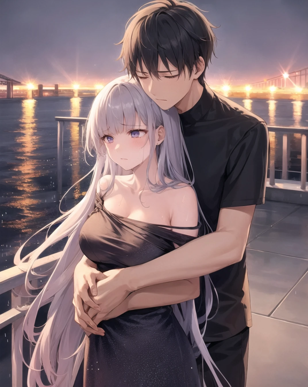 (1boy, 1girl),looking down, long dress, long hair,outdoors, raining, soaking wet, storm, heavy rain, railing, bridge, crying, mature body, medium breasts,(hug from behind:1.2), sad expression,<lora:HUGGY:0.7>