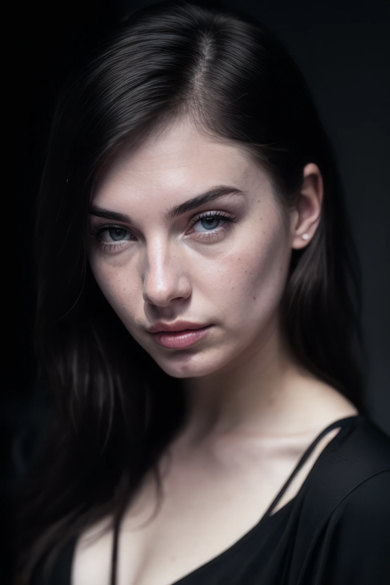 Masterpiece, (cinematic lighting:1.1), front view, [portrait], low-key lighting, eye focus, photo of (pale skin girl), wearing black shirt, perfect face, glaring blue eyes, [gothic makeup], pouting seductively, (detailed skin), [[[light freckles]]], [[[imperfect skin]]], high frequency details, (film grain), dramatic, candles in background, ornate, cold colors, (backlighting:0.5), photographed on a Canon EOS R5, 85mm f/1.2 cine lens, sharp focus, (highly detailed, intricately detailed), (Cinestill 800T:0.9), medium closeup  <lora:LowRA:1>
