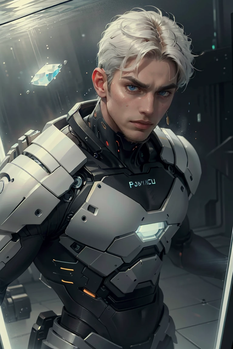 (Absurdres, Intricate Details, Masterpiece, Best Quality, High Resolution, 8k), (1man), (male:1.2), dreadful face, (middle-aged:1.2), aged up, finely detailed eyes and face, thin body, wise appearance, the physical toll of aging, humble and modest style, amber skin, finely detail eyes and face, ginger Caesar cut hair, dark gray eyes, goatee shaving, angry, solo, (full body:0.6), looking at viewer, detailed background, detailed face, (<lora:NeoFuturisticTech-20:0.6>, neotech theme:1.1), glass-cyborg, (made of glass:1.1), colorful, glass construct, titan, glass armor, mosaic, magical symbols, mystic power, floating particles, steam, reflections, battlefield in background, cinematic atmosphere,, magnificent, finely detailed background, Depth of Field, VFX.