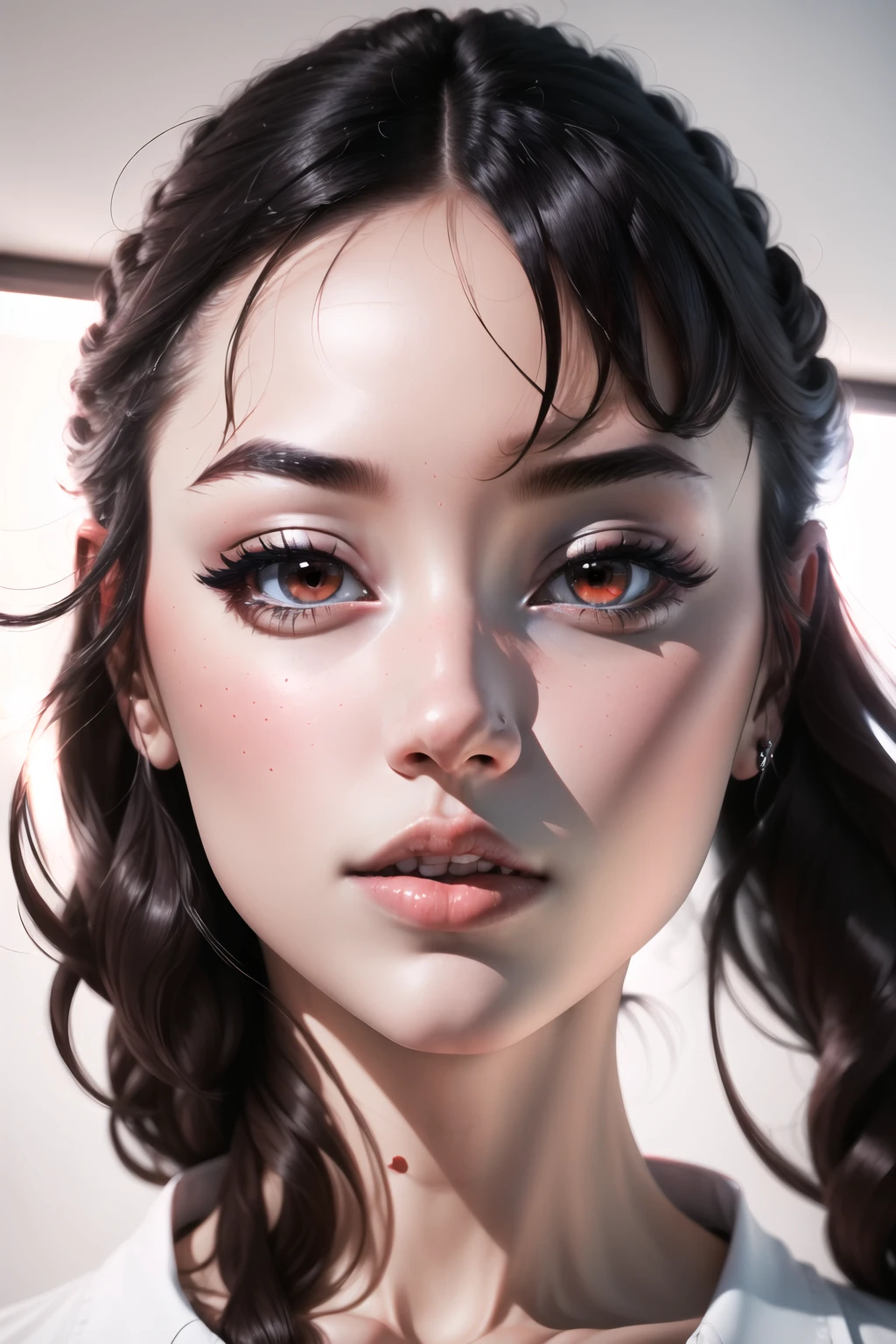 Highly detailed, High Quality, Masterpiece, beautiful, FIFront, <lora:Headviews:0.7>, 1girl, solo, red eyes, black hair, long hair, shirt, white shirt