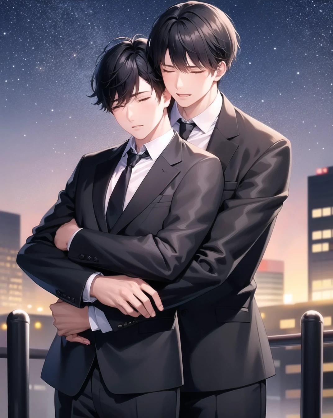 2boys, black hair, closed eyes, formal, hug, male focus, multiple boys, necktie, (hug from behind),portrait,school uniform,outdoors,starry night,night,alley,<lora:HUGGY:0.7>