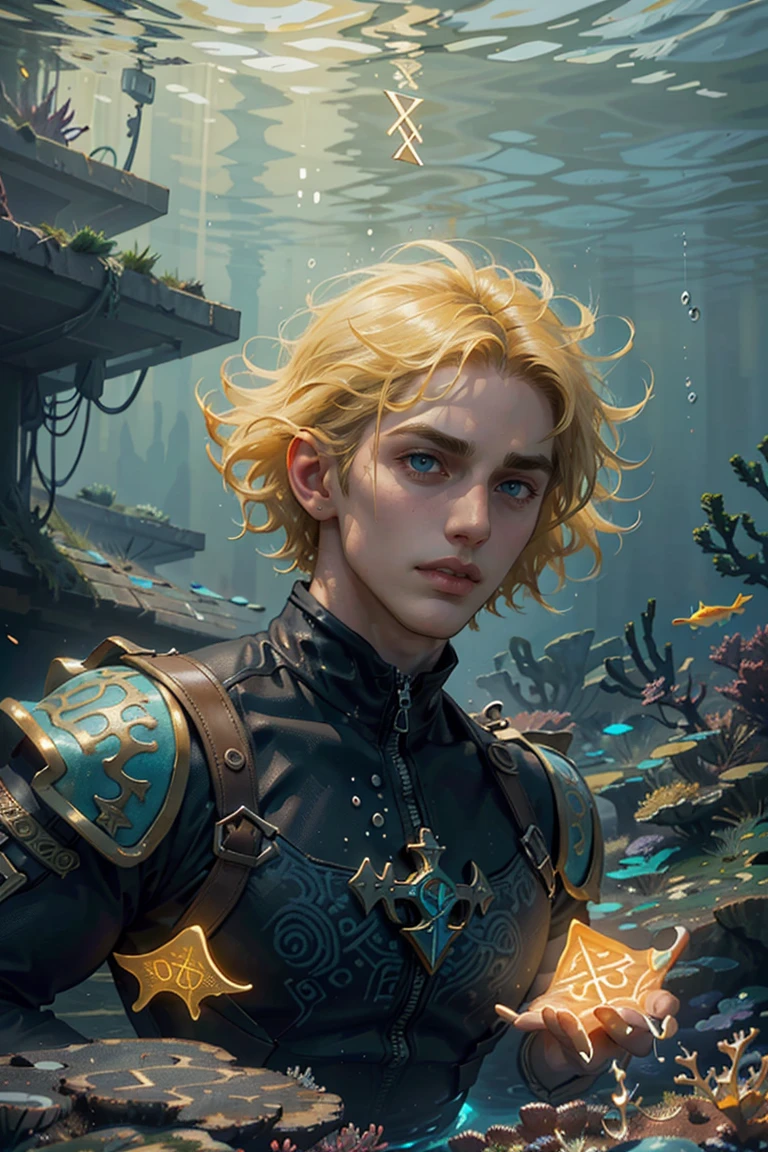 (Absurdres, Intricate Details, Masterpiece, Best Quality, High Resolution, 8k), (1man), (male:1.2), immature face, (young boy:1.2), child-like face, finely detailed eyes and face, lean body, adventurous appearance, smattering freckles nose, tanned skin, finely detail eyes and face, dirty blonde short wavy crop hair, yellow eyes, anchor shaving, afraid, (focus on character:1.1), solo, half shot, looking down, detailed background, detailed face, (<lora:GlowingRunesAIv4:0.6>, GlowingRunes_yellow, glowing runes, glowing runes theme:1.1), glowing eyes, mythical atlantean, aquatic guardian, gills, scale pattern, serene, golden accents, seashell trinkets, aquatic tattoos, bubbles, water manipulation, weightless, ascending, underwater vegetation, oceanic depths, underwater, magical aura, deep-sea, ancient underwater civilization, sunken buildings, advanced technology, sunken civilization in background, colorful flora, (dolphins:0.8), translucence, dynamic shadows, ethereal atmosphere,, thorough, finely detailed background, Depth of Field, VFX.