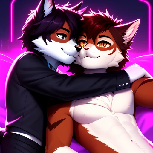 ((oc_bolinha2)), Jan Matejko,Ross Tran,Denis Sarazhin, Volumetric Lights,
uploaded to e621,safe content, (fluffy fur texture),multicolored body,(detailed pupils and eyes), ((male anthro cat)),
(long fur),
a anime character in bed with a suit and tie on holding a glass of wine in his hand and a neon cyberpunk background, (kwai),
<lora:silavraCreaturesStyle_v2:0.15> ,<lora:djzRetroWave_v15:0.25>, <lora:furryGirl_v1:0.3>