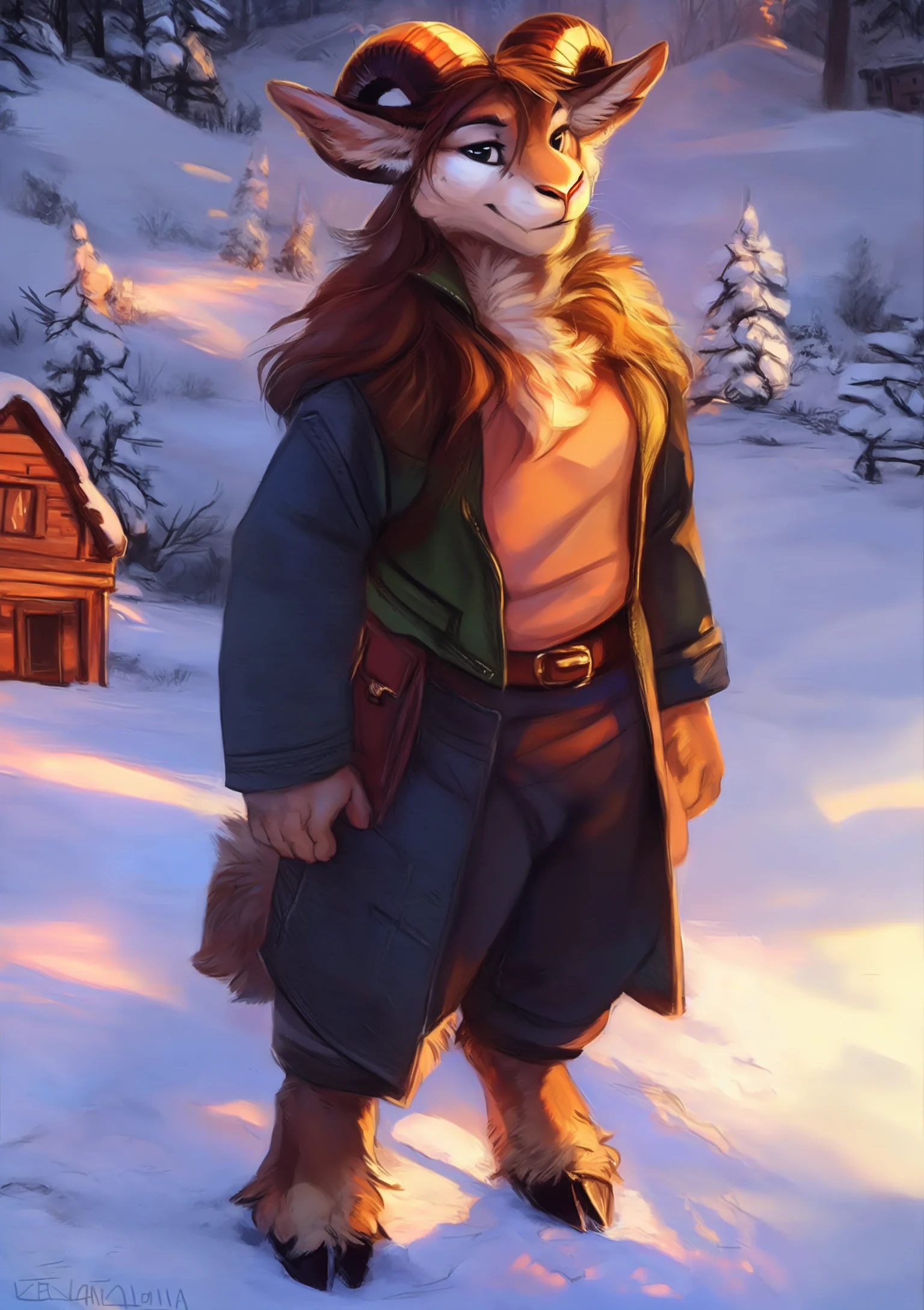 male, solo, anthro, mammal, goat, caprine, (caprine horn), 2 horns, horizontal pupils,  cloven hooves,
fully clothed, bottomwear, topwear, pants, jacket, (adventurer), hand on hip,
fur, fluffy, tuft, chest tuft, long hair, neck tuft, inner ear fluff, digitigrade,
standing, front view, looking at viewer,
(detailed background), outside, rock, sunbeam, snowy peaks, sunrise, (village:1.3),
by kenket, by darkgem, by miosha,
fully clothed, bottomwear, topwear, pants, jacket, (adventurer), hand on hip,
fur, fluffy, tuft, chest tuft, long hair, neck tuft, inner ear fluff, digitigrade,
standing, front view, looking at viewer,
(detailed background), outside, rock, sunbeam, snowy peaks, sunrise, (village:1.3),
by kenket, by darkgem, by miosha,