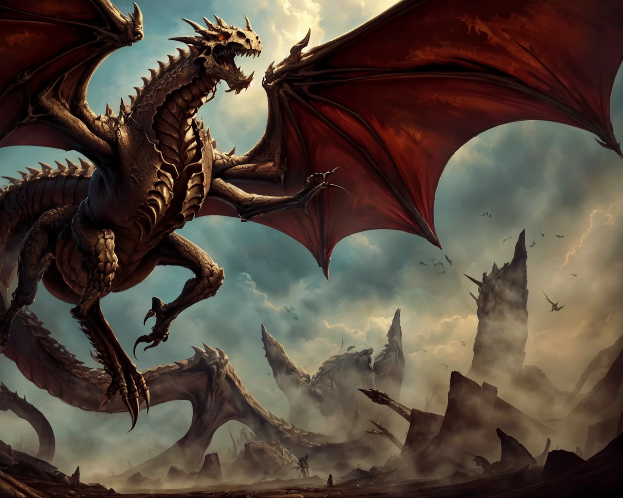 <lora:bone dragon:0.5> bone dragon flying while breathing poison,
(masterpiece), best quality, highres, 4k, 8k, Detailed Illustration, intricate detail, cinematic lighting, amazing quality, amazing shading, soft lighting
