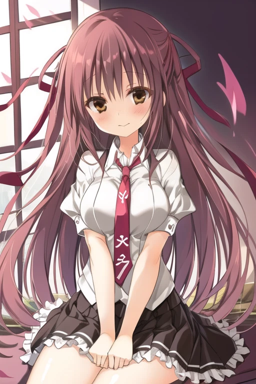 masterpiece, best quality, ultra detail,(1girl), <lora:Rin Misakura:0.8>,xiafu,closed mouth,short sleeves,sitting,bare legs,pleated skirt