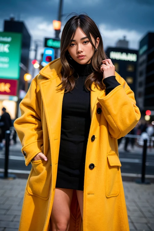 (wearing oversized_coat:1.3),woman posing for a photo, colorful coat, sweather under the coat, half body shot,
good hand,4k, high-res, masterpiece, best quality, head:1.3,((Hasselblad photography)), finely detailed skin, sharp focus, (cinematic lighting), night, soft lighting, dynamic angle, [:(detailed face:1.2):0.2],(((city background))),  <lora:oversized_coat-10:0.5>
