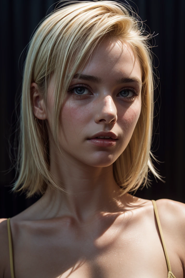 a young woman, blonde, dark theme, soothing tones, muted colors, high contrast, (natural skin texture, hyperrealism, soft light, sharp), <lora:add_detail:1>