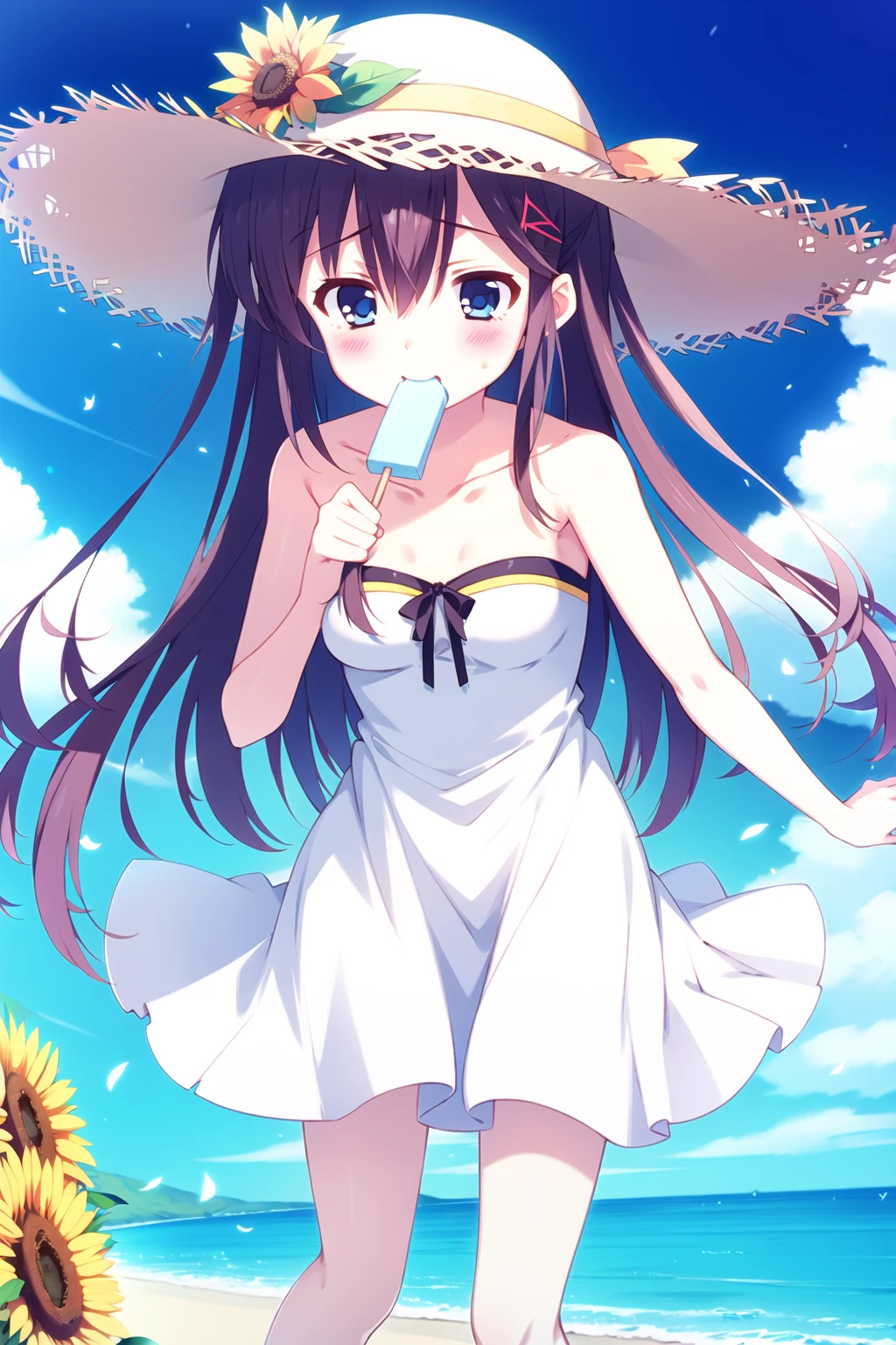 ((masterpiece, high quality, best quality)),
1girl, food, full body, hat, dress, solo, blue eyes, popsicle, long hair, hair ornament, brown hair, holding, white dress, straw hat, looking at viewer, flower, sky, cloud, ocean, beach, outdoors, hairclip, day, blue sky, sunflower, hair between eyes, blush, food in mouth, bangs, bare shoulders, sundress, eating, summer, hat flower, breasts, holding food, sun hat,
<lora:kusukusu_style-v2.0:1.0>