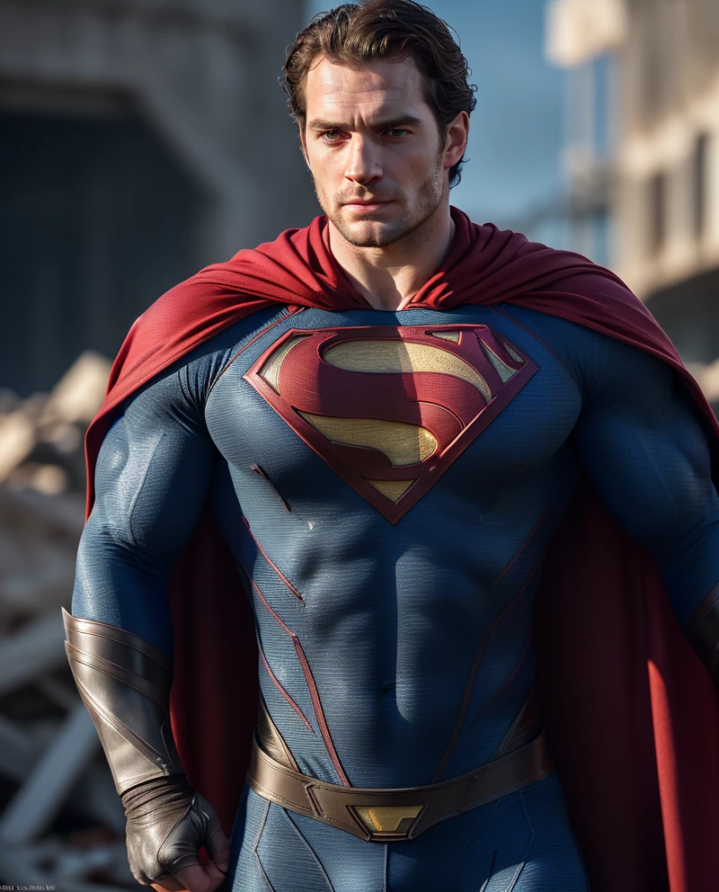 Henry cavill superhero, cape long, upper body,cinematic, movie, grain movie (2023s)1boy, building destroyed , realistic , (8k, RAW photo, best quality, masterpiece:1.2), (realistic, photo-realistic:1.33), best quality, detailed eyes blue, cute,natural lighting, depth of field, film grain, wrinkled skin, sharp,