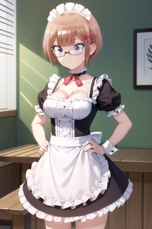 (extremely detailed CG unity 8k wallpaper), (masterpiece), (best quality), (ultra-detailed), (best illustration), (best shadow), (absurdres), 1girl, solo, <lora:ogata_v2:0.8>, ogata rizu, maid, maid headdress, choker, wrist cuffs, short sleeves, cleavage, looking down, hands on hips, arms crossed, indoors, cafe, standing