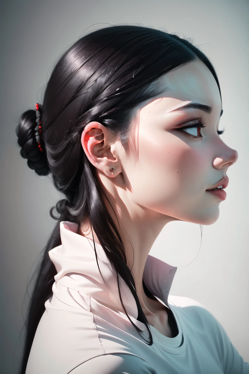 Highly detailed, High Quality, Masterpiece, beautiful, FISideRight, <lora:Headviews:0.8>, 1girl, solo, red eyes, black hair, long hair, shirt, white shirt