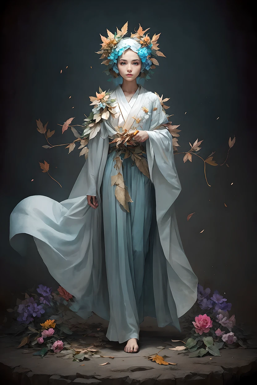 (high quality), solo, fantasy, 1girl, cute face, clothes, leaf, flowers,  <lora:PAseerFantasyClotherV1:0.8>