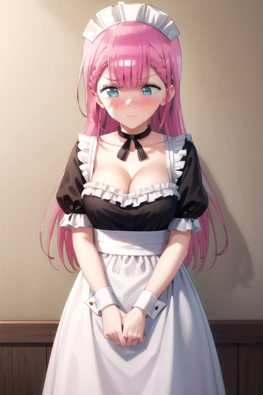 (extremely detailed CG unity 8k wallpaper), (masterpiece), (best quality), (ultra-detailed), (best illustration), (best shadow), (absurdres), 1girl, solo, <lora:mafuyu_v2:0.8>, kirisu mafuyu, maid, maid headdress, choker, wrist cuffs, short sleeves, cleavage, embarrassed, blush, looking away, arms crossed, cafe, standing