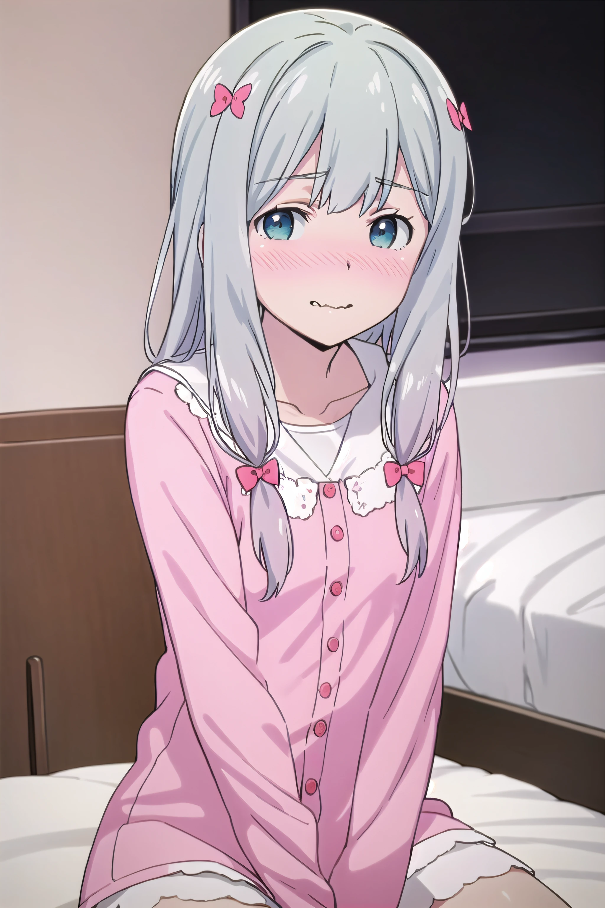 best quality, (masterpiece:1.2), highly detailed,
indoors, bedroom, on bed,
<lora:chara_Eromanga-sensei_IzumiSagiri_v2:0.8>, izumi sagiri,
1girl, solo, sitting, upper body, from front, looking at the viewer, wavy mouth, nose blush, slight smile,
grey hair, long hair, multicolored hair, blue eyes,
pink pajamas