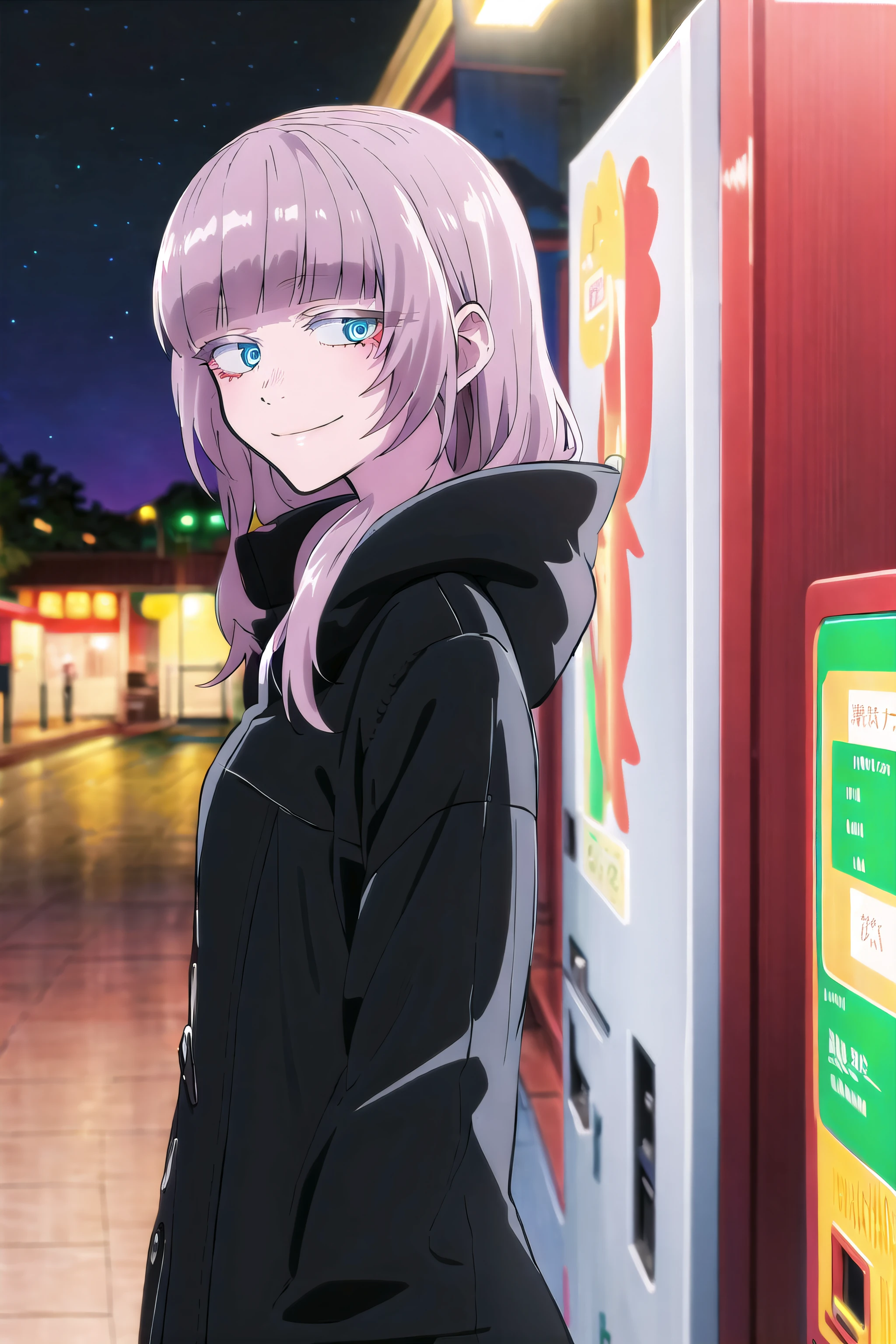 best quality, (masterpiece:1.2), highly detailed,
<lora:chara_YofukashiNoUta_Background_v1:0.8>, yofukashi background, night, outdoors, vending machine,
<lora:chara_YofukashiNoUta_NanakusaNazusa_v3:0.9>, nanakusa nazusa,
1girl, solo, standing, from angle, upper body, waving, looking at the viewer, open mouth, smile,
closed eyes, pink hair, (long hair:1.6),
black coat