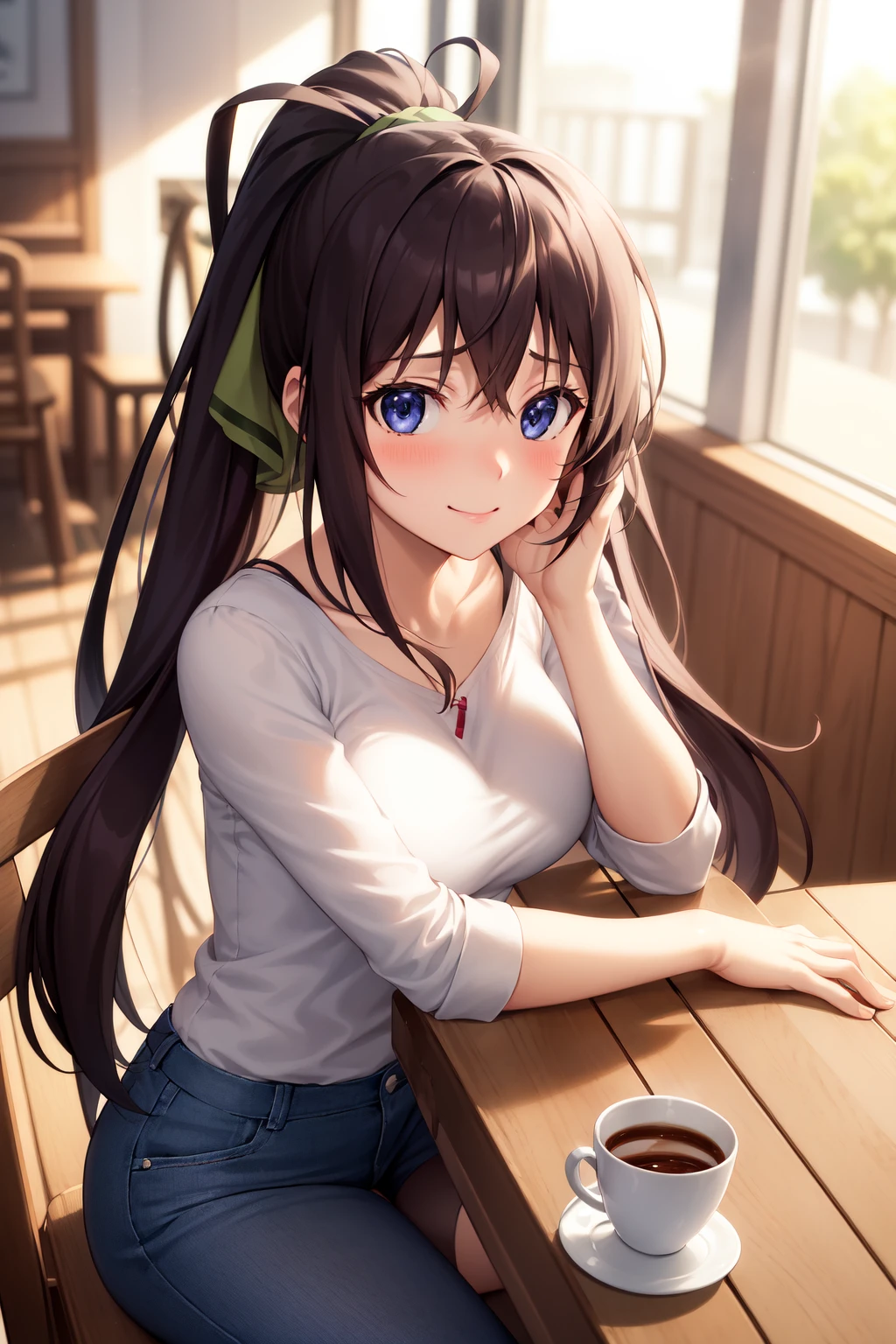 shinonono houki, <lora:ShinononoHoukiV13:1>, 1girl, solo, cafe, pov across table, looking at viewer, casual, indoors, embarrassed, happy, sitting, on chair, upper body, couple, parfait,, , highres, absurdres,