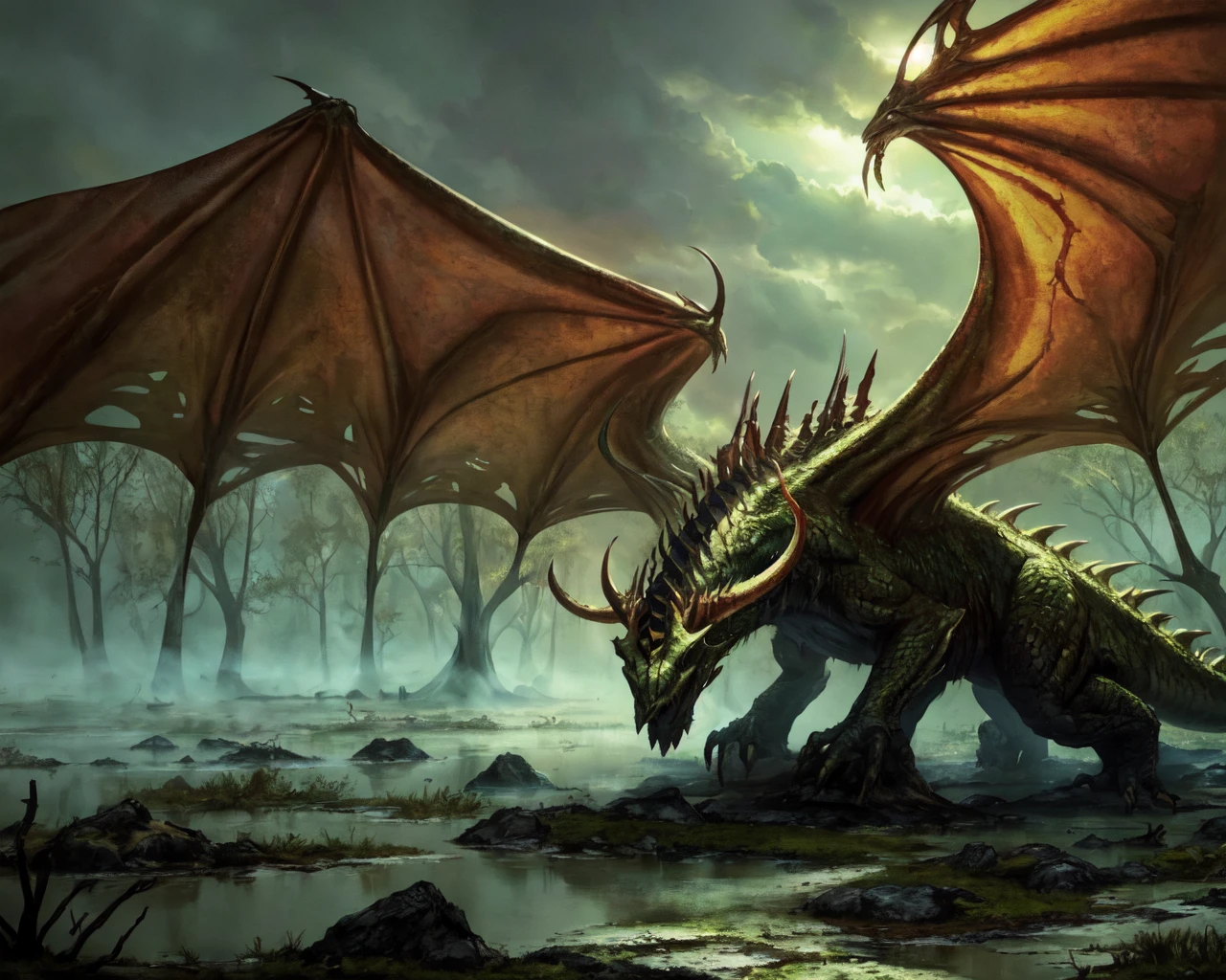 <lora:undead dragon:0.6> undead dragon, at a swamp,
(masterpiece), best quality, highres, 4k, 8k, Detailed Illustration, intricate detail, cinematic lighting, amazing quality, amazing shading, soft lighting