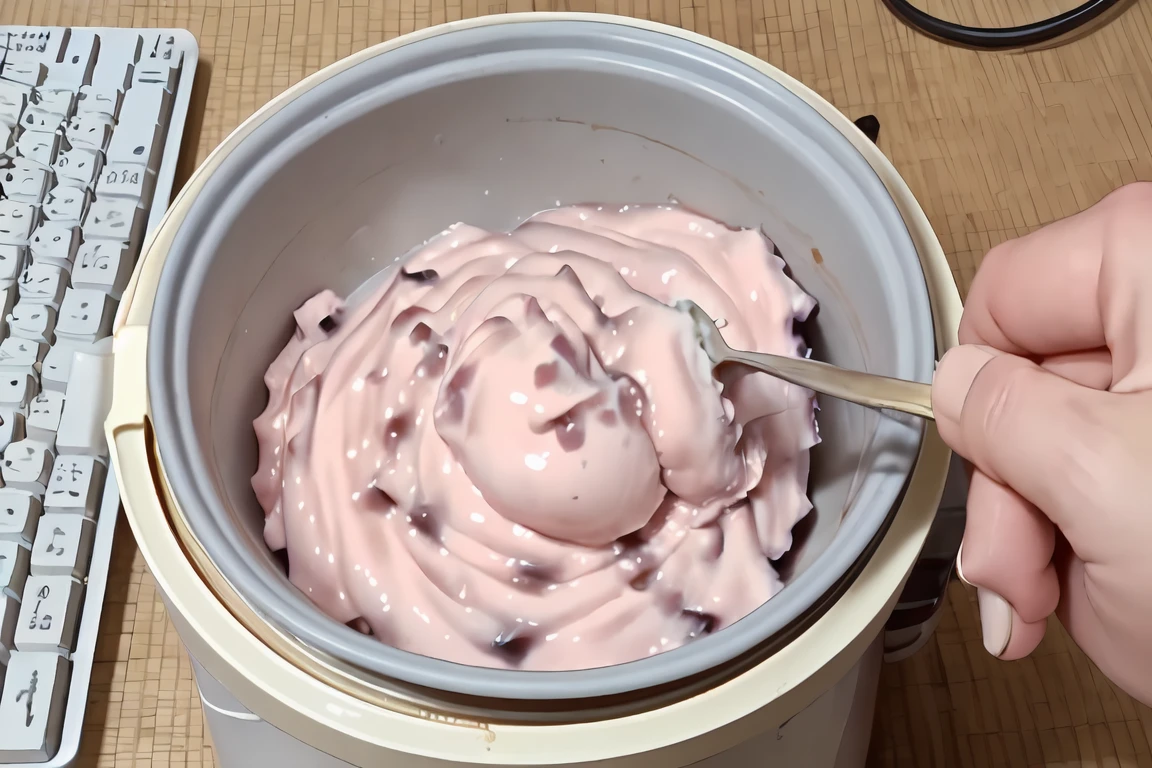 (KAMO:1), a person is stirring a bowl of ice cream with a spoon in it on a table with a keyboard, food, no_humans, photo_\(medium\), still_life, rice_cooker, open_rice_cooker, <lora:the_Kinkiest_Aberration_Meal_Order_v1:0.5>