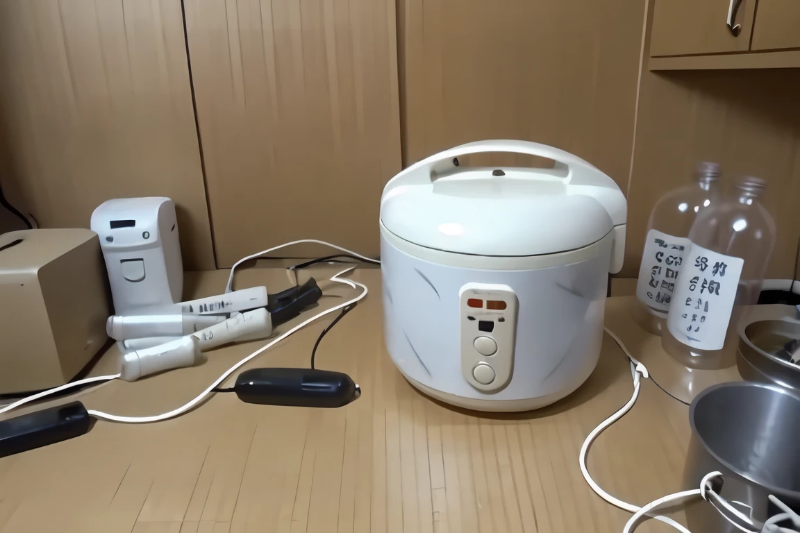 (KAMO:1),a white object sitting on top of a table next to a bunch of bottles of water and wires and a cord, blurry, blurry_background, blurry_foreground, depth_of_field, motion_blur, sign, water, rice_cooker, closed_rice_cooker
, <lora:the_Kinkiest_Aberration_Meal_Order_v1:0.5>
