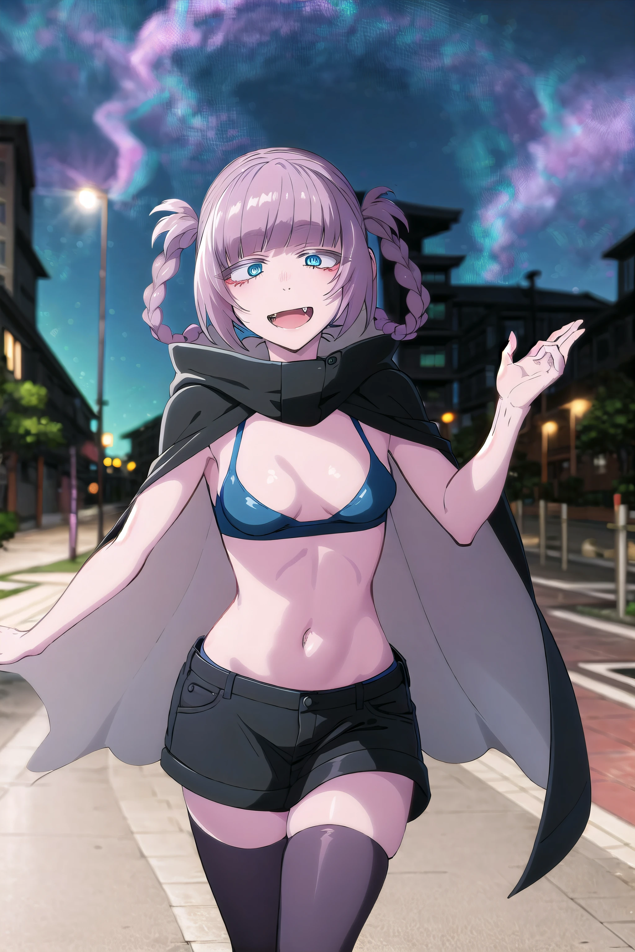 best quality, (masterpiece:1.2), highly detailed,
<lora:chara_YofukashiNoUta_Background_v1:0.8>, yofukashi background, street, starry sky,
1girl, solo,
<lora:chara_YofukashiNoUta_NanakusaNazusa_v3:0.9>, nanakusa nazusa,
standing, looking at the viewer, open mouth, slight smile, fang,
blue eyes, pink hair, hair rings,
black cape, sleeveless turtleneck, cleavage cutout, navel, black shorts, black thighhighs