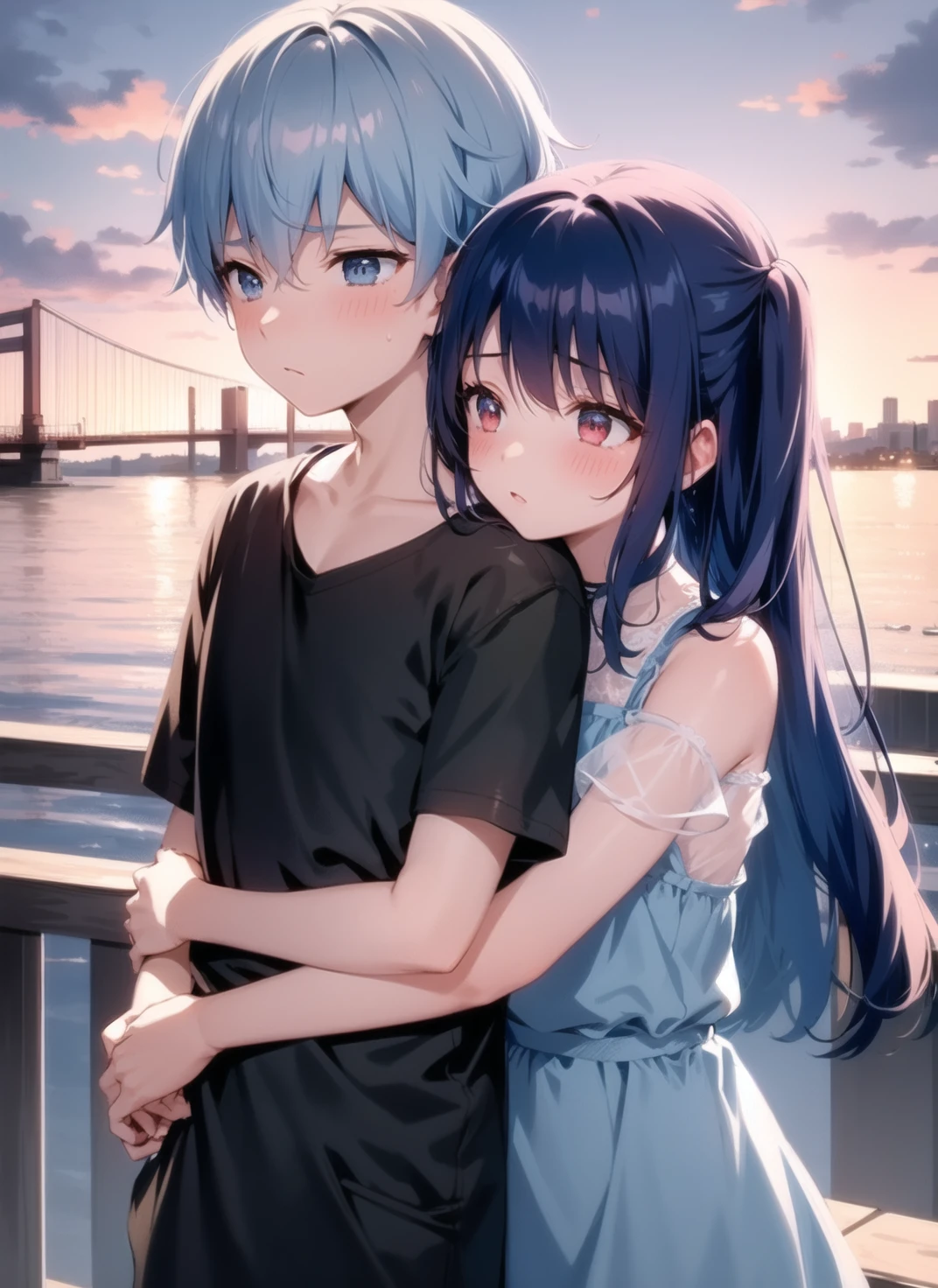 1boy, 1girl,blush, one side up,blue dress,black blouse,autumn,girl long hair,girl blue hair,boy blonde hair , upper body, outdoors,cloudy,railing,bridge, (girl hugging boy:1.2),(hetero,hug from behind:1.2), <lora:HUGGY:0.7>