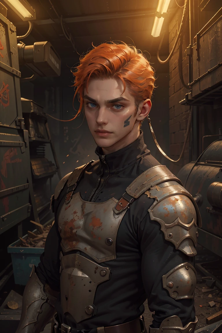 (Absurdres, Intricate Details, Masterpiece, Best Quality, High Resolution, 8k), (1man, thin adult vampire male:1.2), blue eyes, orange hair, clean-shaven,, finely detail eyes and face, blonde undercut hair, black eyes, (style-rustmagic:1.0) portrait, solo, half shot, looking at viewer, detailed background, detailed face, (lora:RetroFuturismAI:0.6>, RetroFuturismAI, retro-futurism theme:1.1), rust-warrior, rusty armor, rusted iron, (rusty:1.05), brown rust, corroded, grungy, worn-out, dented, made of rust, stoic expression, dynamic pose, abandoned workshop in background, dark lighting, shadows, cinematic atmosphere, renaissance, Depth of Field, VFX.