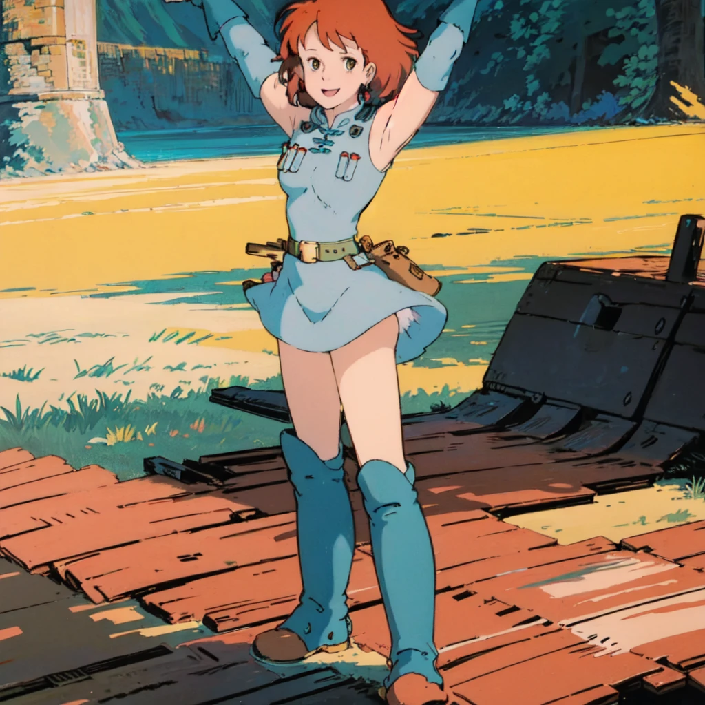 masterpiece, high quality, 1girl, (masterpiece:1.4), (best qualit:1.4), (high resolution:1.4), 1girl, standing with arms raised, redhead, brown eyes, smile, Nausicaa, no panties, high blue boot, colorful, full body, <lora:Nausicaa-000007:0.9>