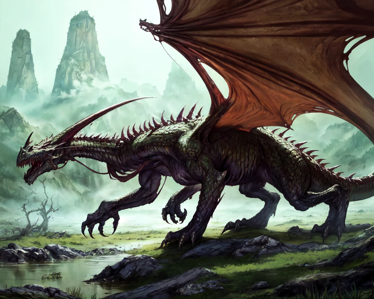 <lora:undead dragon:0.6> undead dragon, at a swamp,
(masterpiece), best quality, highres, 4k, 8k, Detailed Illustration, intricate detail, cinematic lighting, amazing quality, amazing shading, soft lighting