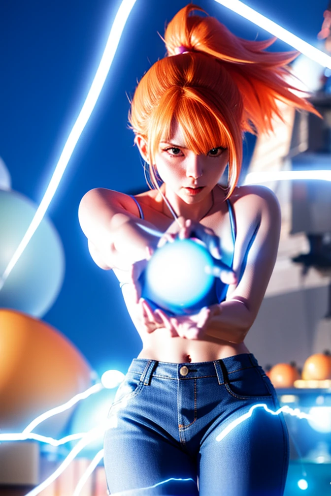 <lora:Kamehameha_V1-10:0.9>, kamehameha, 1girl, shoot, casual wear, look at viewer, energy ball, electricity, aura, <lora:NamiV2:0.4> NamiV2, long orange hair, bikini, blue jeans,