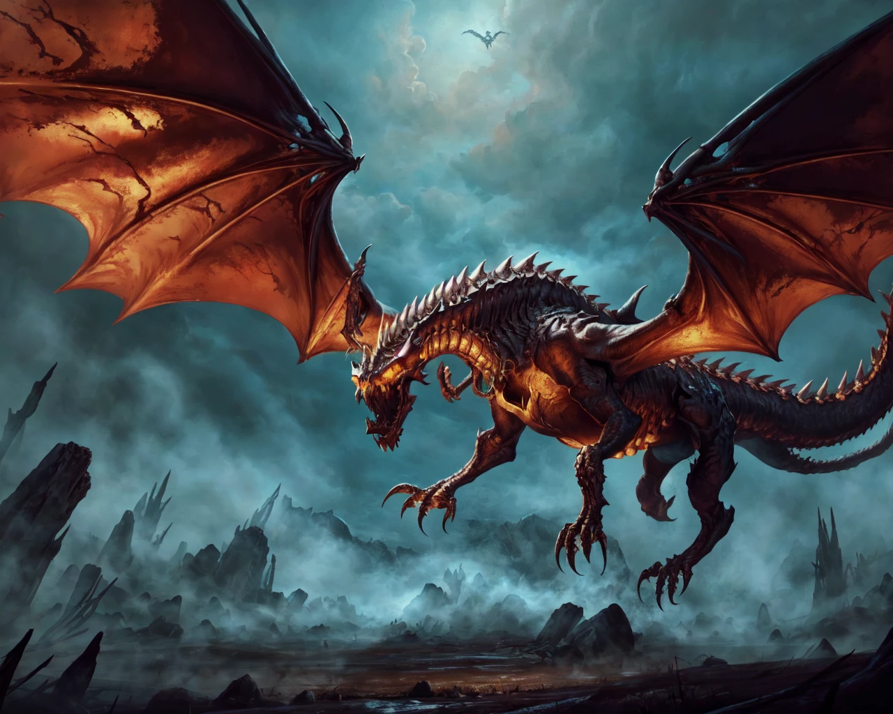 <lora:bone dragon:0.5> bone dragon flying while breathing poison,
(masterpiece), best quality, highres, 4k, 8k, Detailed Illustration, intricate detail, cinematic lighting, amazing quality, amazing shading, soft lighting