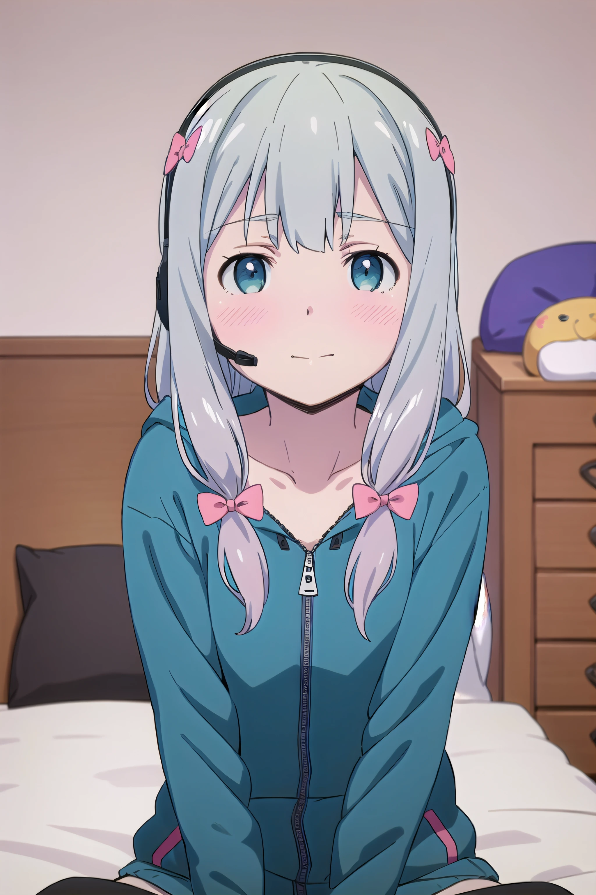 best quality, (masterpiece:1.2), highly detailed,
indoors, bedroom,
 <lora:chara_Eromanga-sensei_IzumiSagiri_v2:0.8>, izumi sagiri,
1girl, solo, sitting, upper body, from front, looking at the viewer, closed mouth, blush, slight smile,
grey hair, long hair, multicolored hair, blue eyes,
green jacket, hood, headset, pink bow