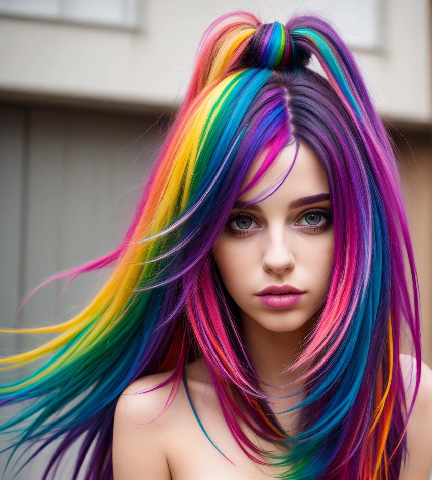 mksks style, masterpiece, best quality, 1girl, solo, (colorful, abstract, multicolored hair, streaked hair:1.2), looking at viewer, depth of field,