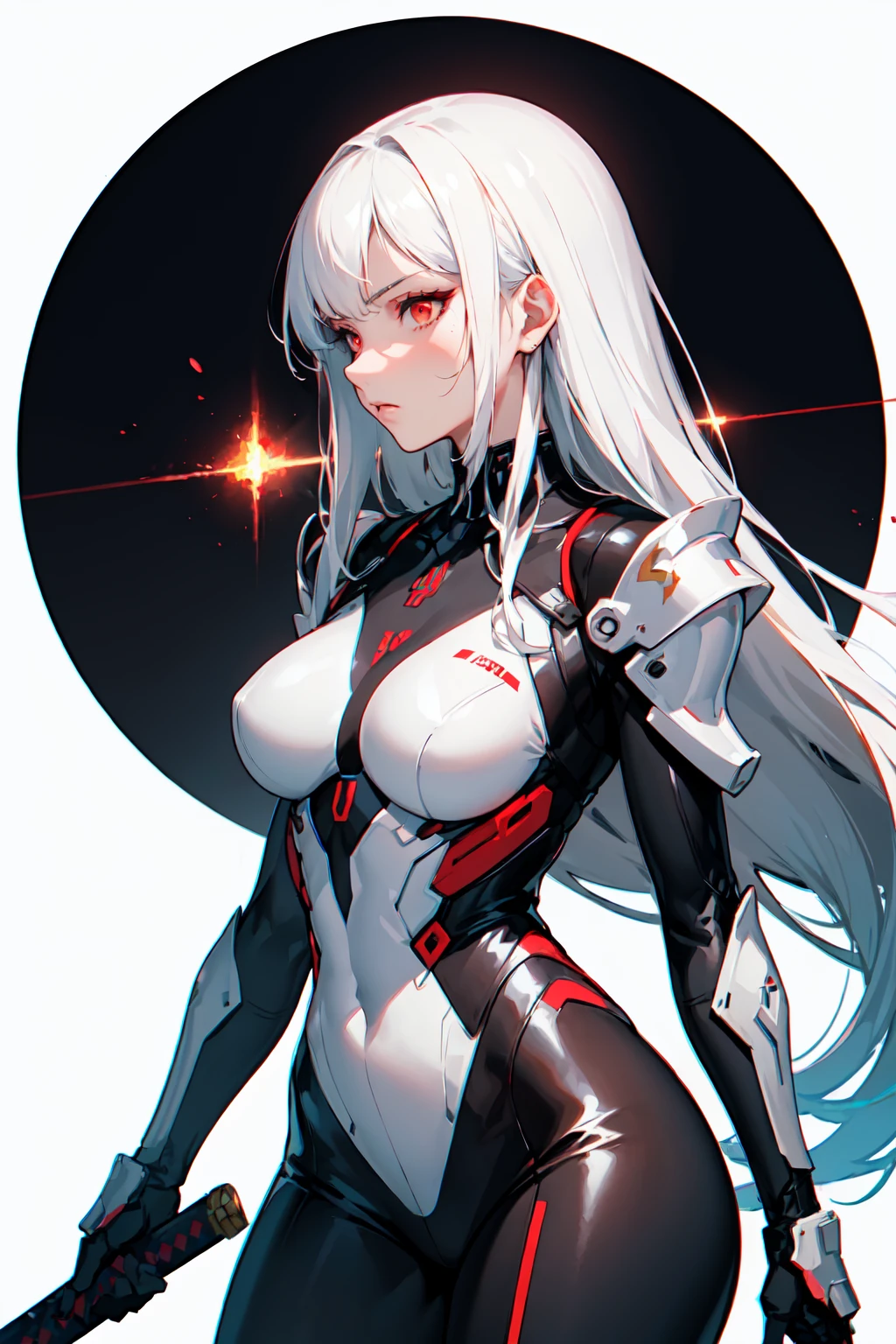((masterpiece:1.4, best quality:1.2)), 1girl, solo focus, tall female, delicate face, stern expression, extremely detailed anime face and eyes, beautiful white armor, hourglass figure, white hair, gradient hair, very long hair, red eyes, glowing eyes, cyberwear on face, holding plasma katana, striking, futuristic setting, white background, profile,