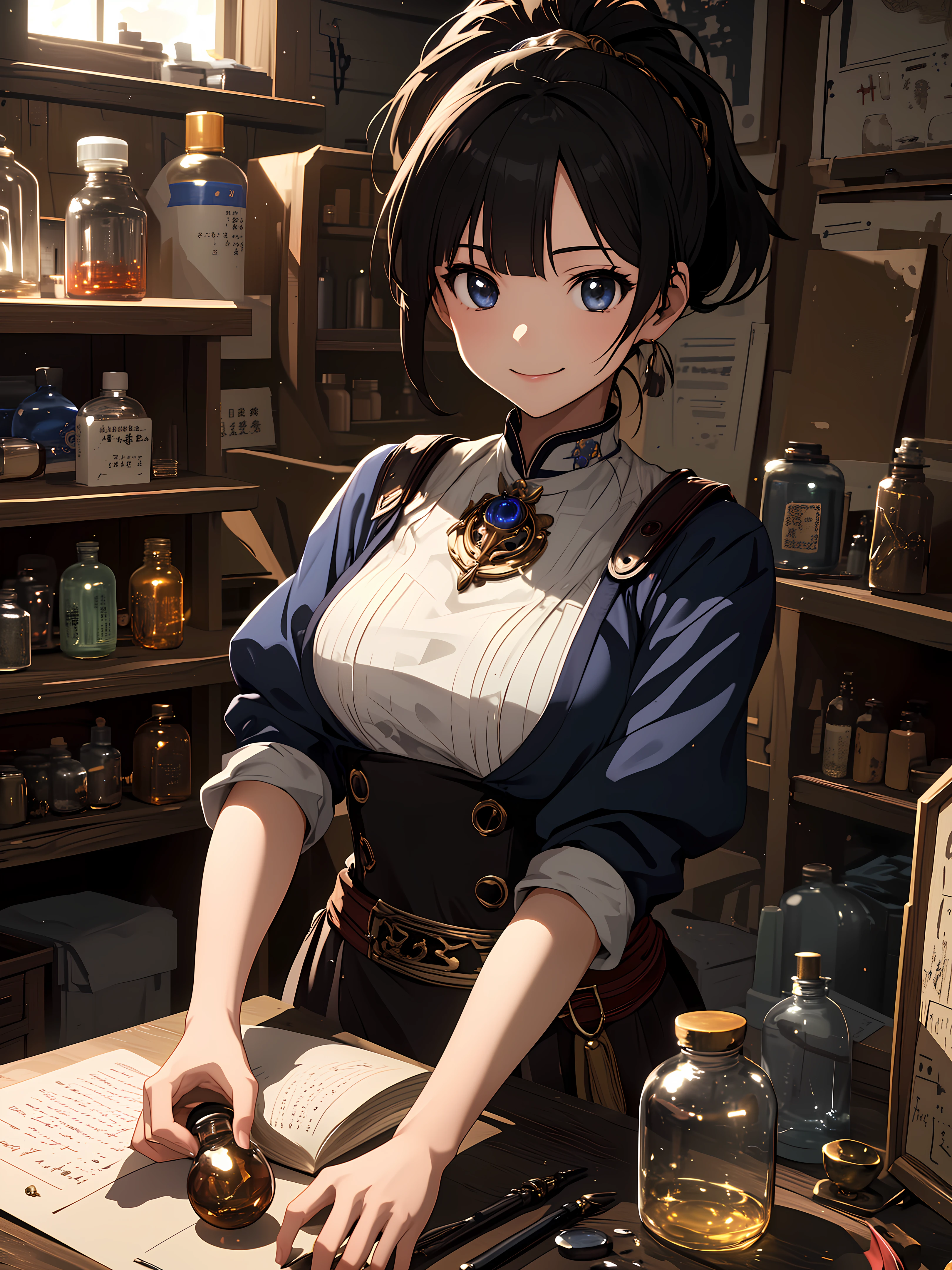 (fantasy:1.5),(anime,8k,masterpiece, top quality, best quality,beautiful and aesthetic:1.2,professional illustrasion:1.1,ultra detail:1.3,perfect lighting),extremely detailed,highest detailed,incredibly absurdres , highres, ultra detailed,intricate:1.6,(Alchemy Workshop:1.4),A girl mixing,Medicine in many small bottles,holding small potion,colorful:1.4,zentangle,BREAk
(1girl),(girl),(Three kingdoms female warload),(highly detailed beautiful face and eyes,firm breasts),oily skin,((black,hair,short bob with short pony tail hair)),thin pubic hair,cute,lovely,,alchemist costume,Merchant's Clothing,smile