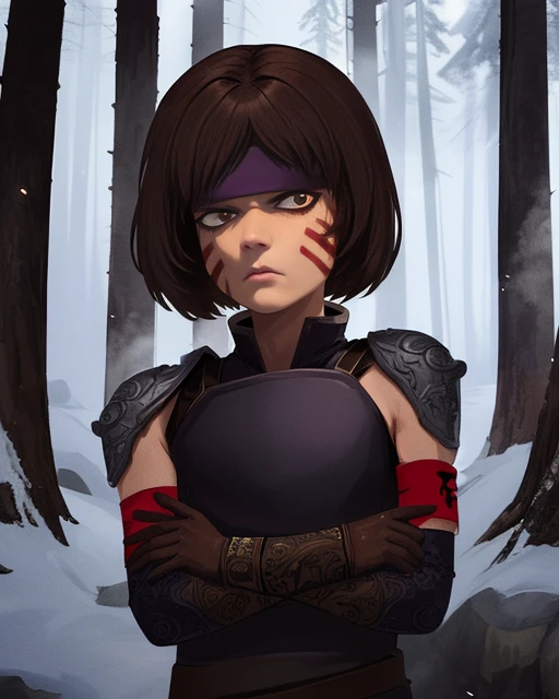 Smellerbee, ite,, short brown hair, red facial mark, brown eyes , eyeliner, (arms crossed), upper body, serious face,
SmelAtt, purple headband, white gloves, leather chest plate, single shoulder pad, left red armband , pants, boots,
forest, mercenary camp, nighttime,
(insanely detailed, beautiful detailed face, masterpiece, best quality) <lora:Smellerbee:0.8>