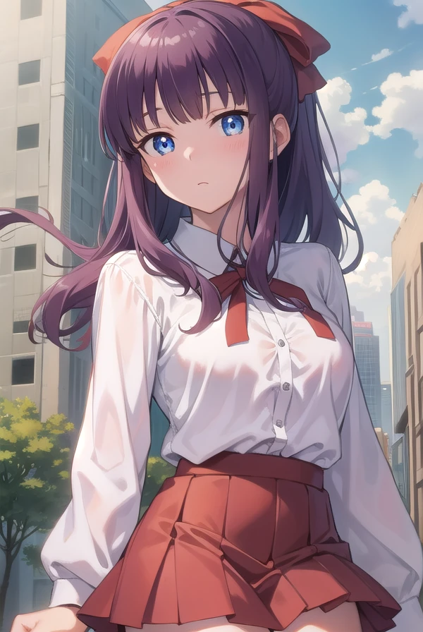 hifumitakimoto, <lora:hifumitakimoto:1>, takimoto hifumi, long hair, blush, bangs, blue eyes, ponytail, purple hair, hair bow, bow, BREAK skirt, shirt, thighhighs, long sleeves, bow, ribbon, white shirt, pleated skirt, black thighhighs, miniskirt, zettai ryouiki, dress shirt, red skirt, BREAK looking at viewer, BREAK outdoors, city, BREAK <lora:GoodHands-vanilla:1>, (masterpiece:1.2), best quality, high resolution, unity 8k wallpaper, (illustration:0.8), (beautiful detailed eyes:1.6), extremely detailed face, perfect lighting, extremely detailed CG, (perfect hands, perfect anatomy),