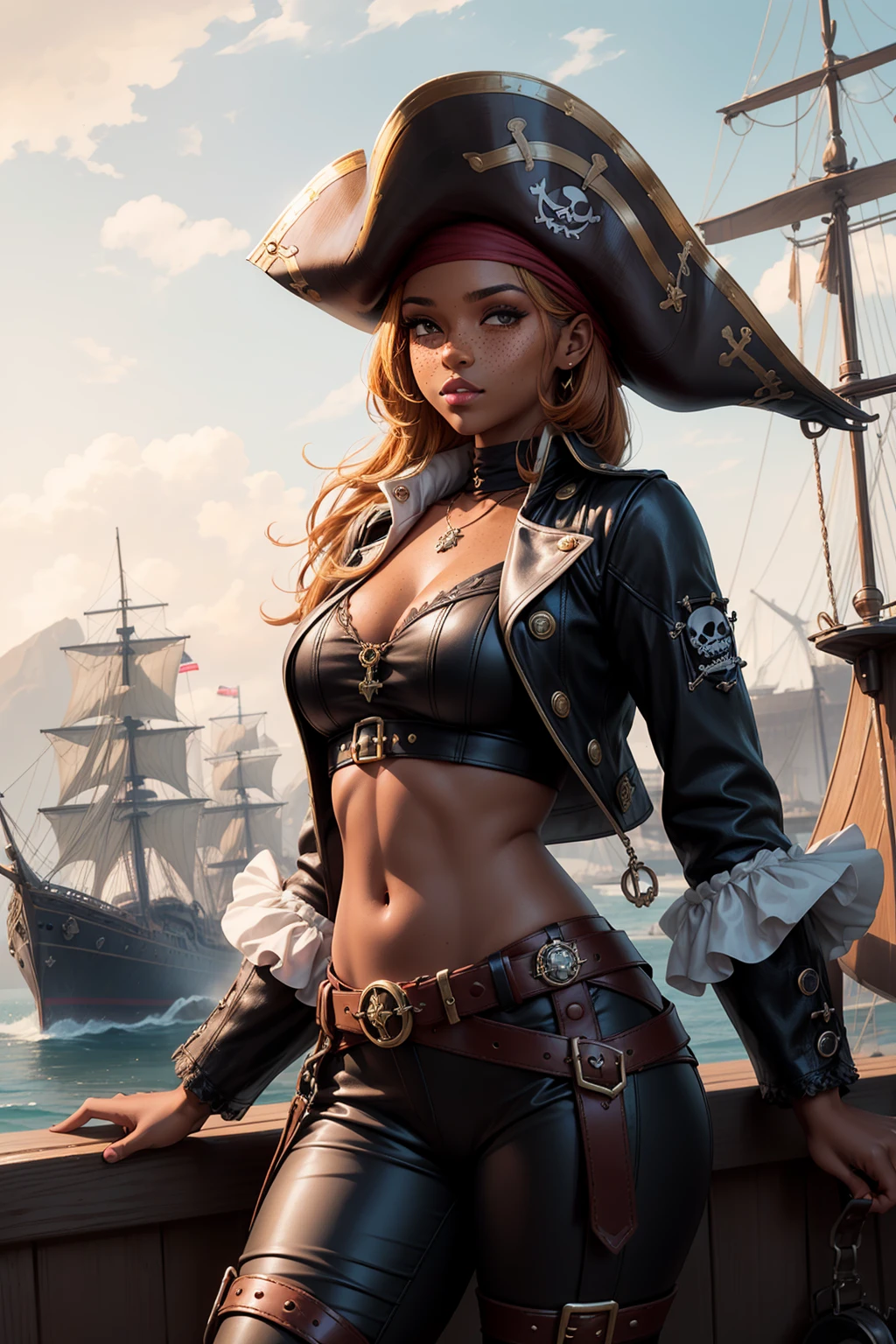 ((1 dark skinned African woman with freckles)), practical pirate attire, (((white long-sleeved pirate blouse))), (((long baggy pants))), small breasts, torn pirate hat, looking at viewer, many necklaces, bracelets, (((large freckles:1 all over body))), Caribbean sun, ((leather black tricorn hat)) with feathers sticking out from it, and [high leather boots] with [metal buckles] and [spurs]. deck of the ship, and [dramatic sky] in natural light, with [soft shadows], fantasy, ((steampunk)), ((pirate ship)), prt:03, <lora:more_details:0.4>,